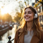Jonge vrouw met draadloze oordopjes wandelt glimlachend langs Amsterdamse gracht bij zonsondergang