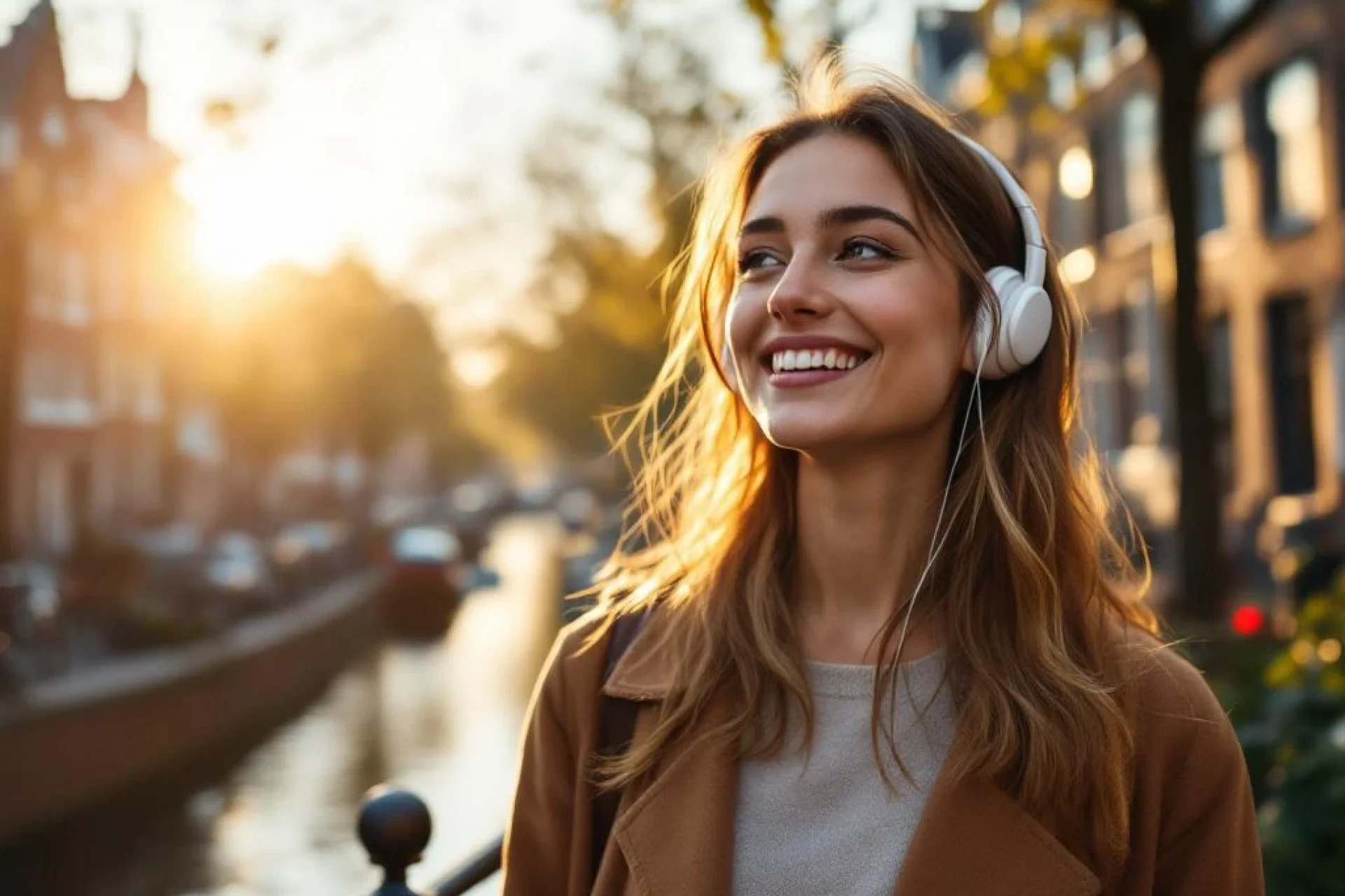 Jonge vrouw met draadloze oordopjes wandelt glimlachend langs Amsterdamse gracht bij zonsondergang
