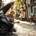 Vrouw onderhoudt elektrische stadsauto met multimeter op Amsterdamse straat met traditionele bakstenen gebouwen