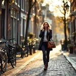 Professionele vrouw loopt door smalle Amsterdamse straat met telefoon, historische bakstenen gebouwen en fietsen langs gracht