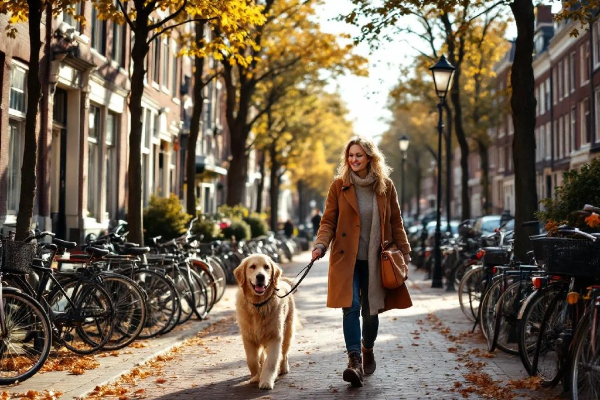 Vrolijke vrouw van middelbare leeftijd wandelt met golden retriever langs Amsterdamse gracht met traditionele huizen