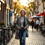 Zelfverzekerde vrouw loopt door historische Nederlandse voetgangerszone met kasseien en traditionele bakstenen gebouwen