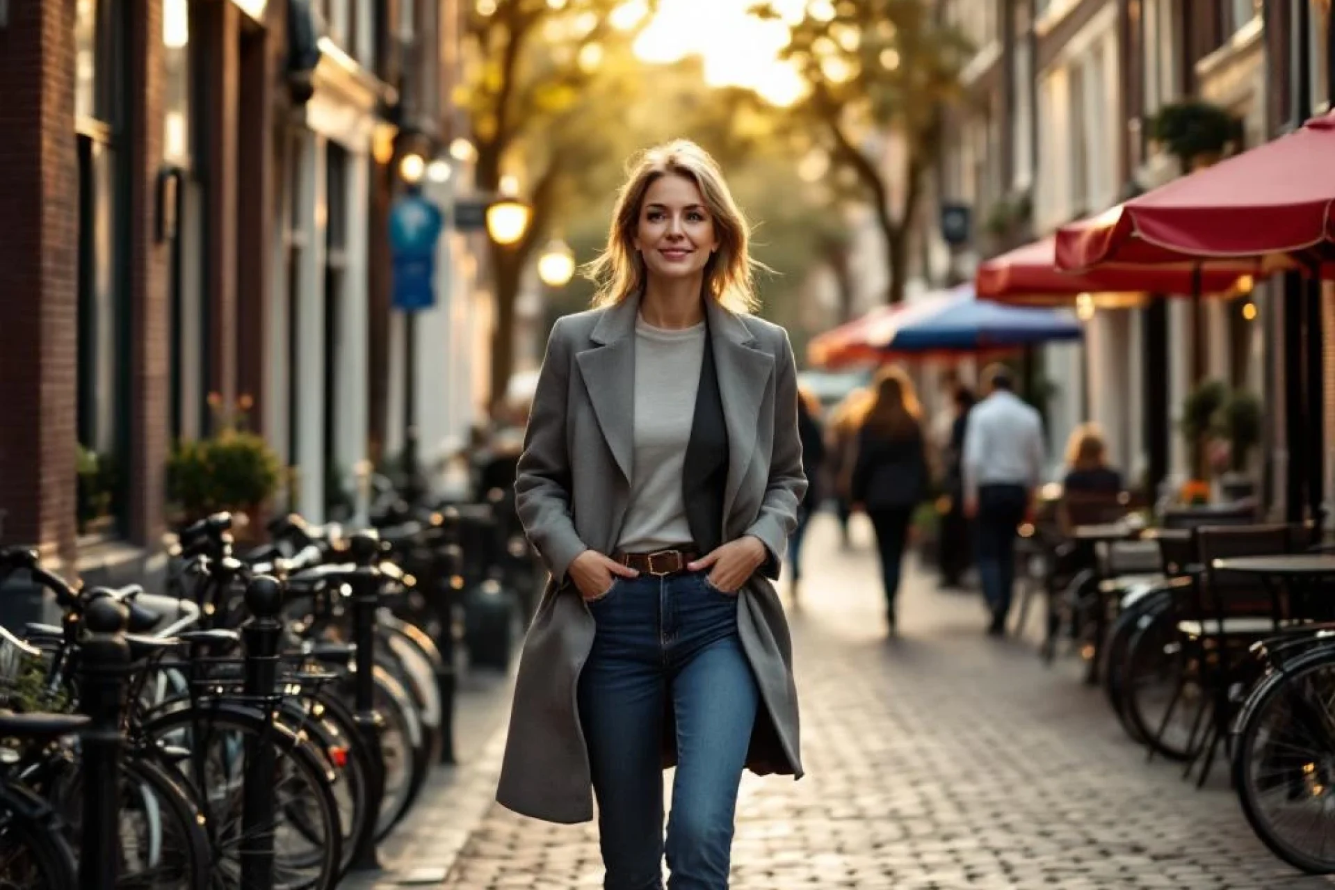 Zelfverzekerde vrouw loopt door historische Nederlandse voetgangerszone met kasseien en traditionele bakstenen gebouwen