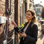 Professionele vrouw laadt smartphone op bij stopcontact aan Amsterdamse gracht met historische grachtenpanden