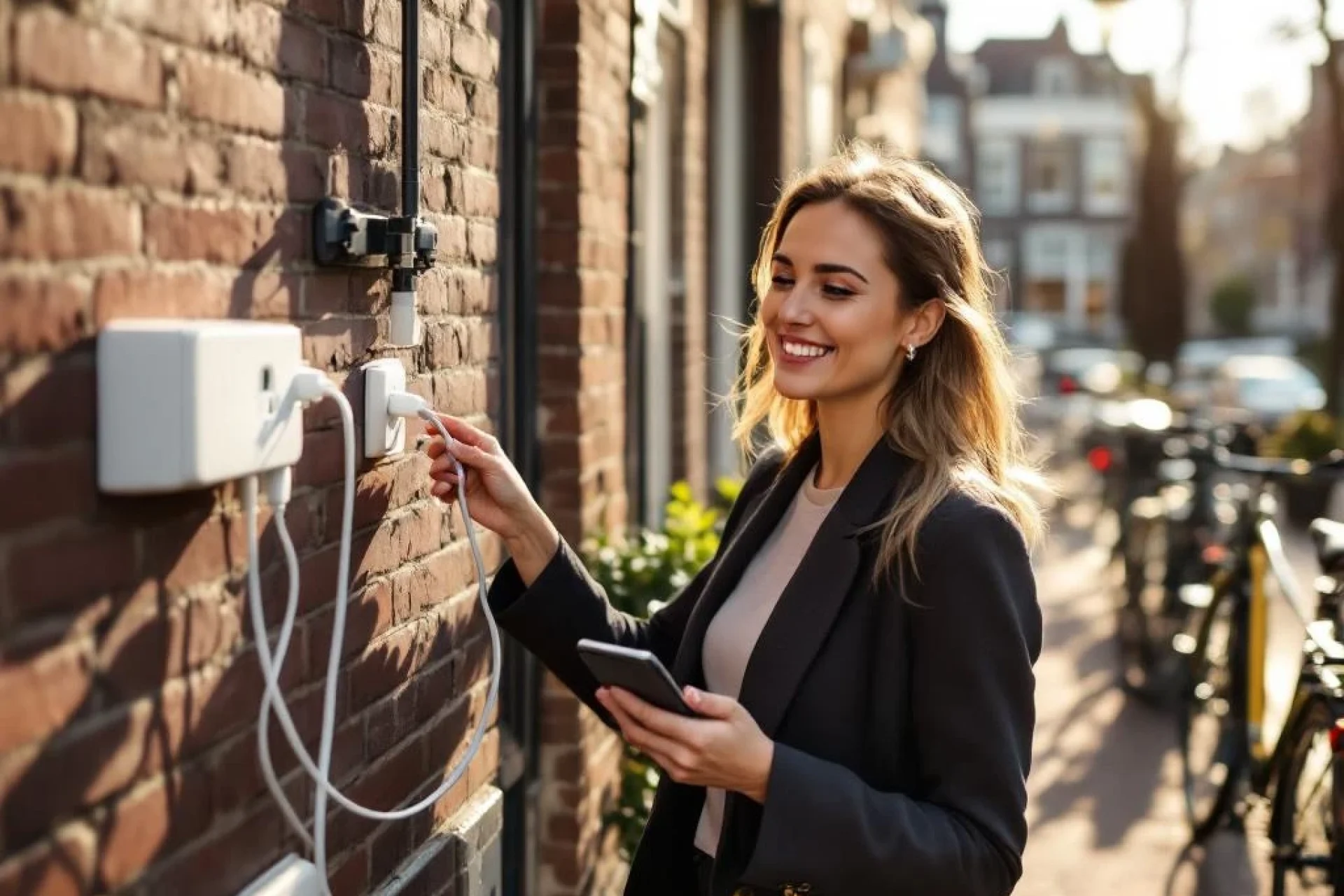 Professionele vrouw laadt smartphone op bij stopcontact aan Amsterdamse gracht met historische grachtenpanden