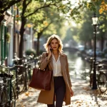 Professionele vrouw belt terwijl ze door historische Amsterdamse gracht loopt met traditionele bakstenen huizen