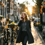 Professionele vrouw belt terwijl ze langs Amsterdamse gracht loopt, historische gevels en fietsen op achtergrond