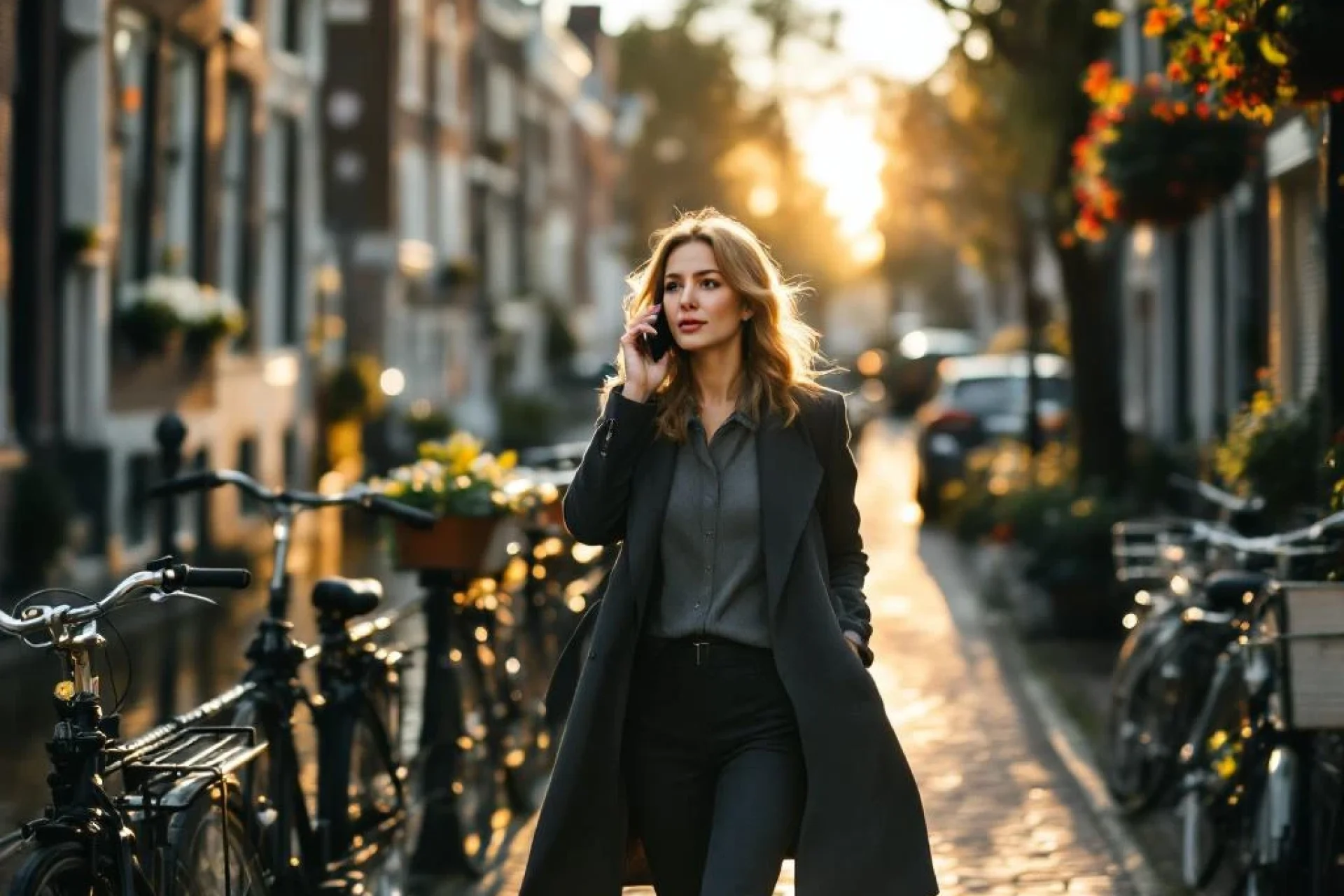 Professionele vrouw belt terwijl ze langs Amsterdamse gracht loopt, historische gevels en fietsen op achtergrond
