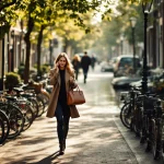 Professionele vrouw loopt bellend langs Nederlandse gracht met historische gebouwen en geparkeerde fietsen