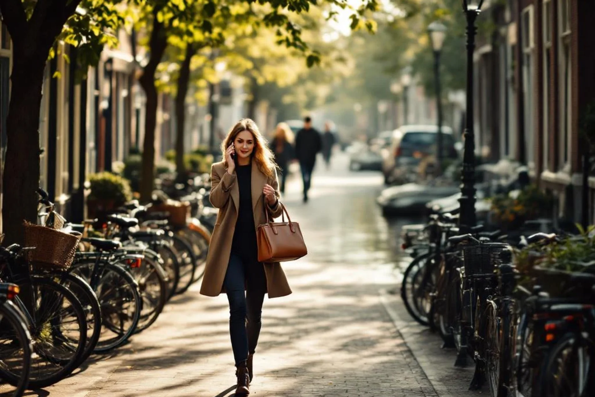 Professionele vrouw loopt bellend langs Nederlandse gracht met historische gebouwen en geparkeerde fietsen