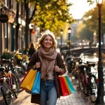 Vrouw met boodschappentassen wandelt langs Nederlandse gracht met traditionele bakstenen huizen en geparkeerde fietsen