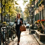 Professionele vrouw loopt door Amsterdamse gracht straat terwijl ze belt, historische bakstenen gebouwen op achtergrond
