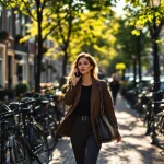 Professionele vrouw loopt bellend langs Amsterdamse gracht met traditionele bakstenen huizen en geparkeerde fietsen