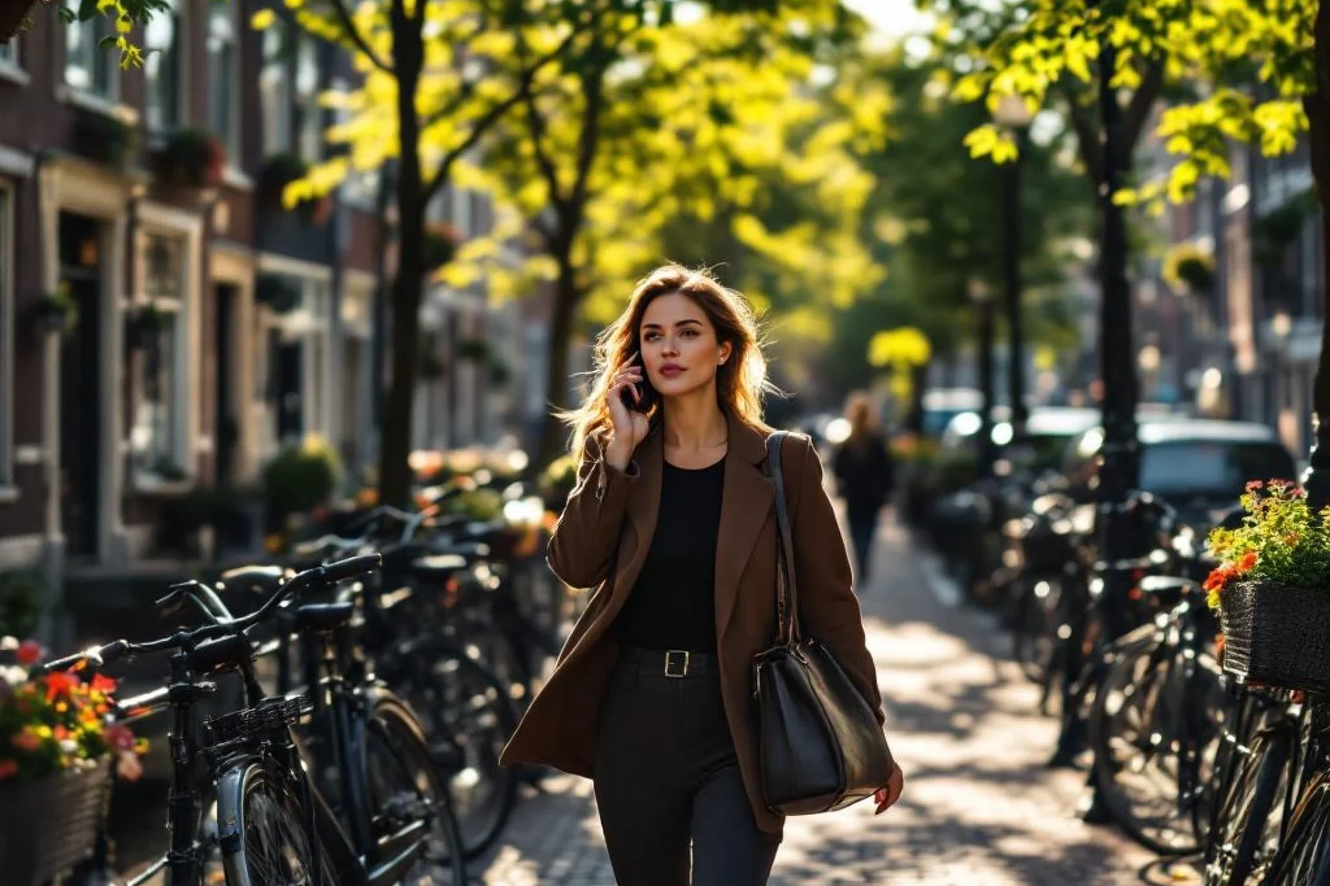Professionele vrouw loopt bellend langs Amsterdamse gracht met traditionele bakstenen huizen en geparkeerde fietsen