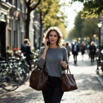 Professionele vrouw belt terwijl ze door Amsterdamse grachtenstraat loopt met bakstenen huizen en geparkeerde fietsen