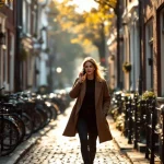Professionele vrouw van middelbare leeftijd belt terwijl ze door Nederlandse straat met grachten en fietsen loopt