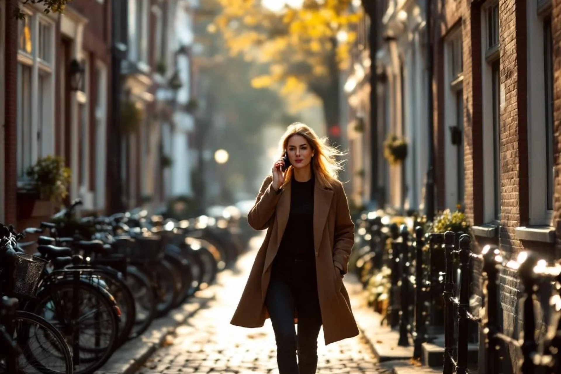 Professionele vrouw van middelbare leeftijd belt terwijl ze door Nederlandse straat met grachten en fietsen loopt