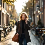 Professionele vrouw belt terwijl ze door historische Amsterdamse straat met grachten en fietsen loopt