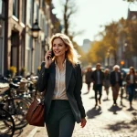 Zakenvrouw loopt door Amsterdamse gracht straat terwijl ze telefoneert, traditionele Nederlandse gebouwen op achtergrond