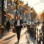 Zakenvrouw belt terwijl ze door Amsterdamse gracht wandelt met traditionele grachtenpanden en geparkeerde fietsen