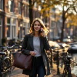 Professionele vrouw belt tijdens wandeling langs Amsterdamse gracht met traditionele bakstenen huizen en fietsen