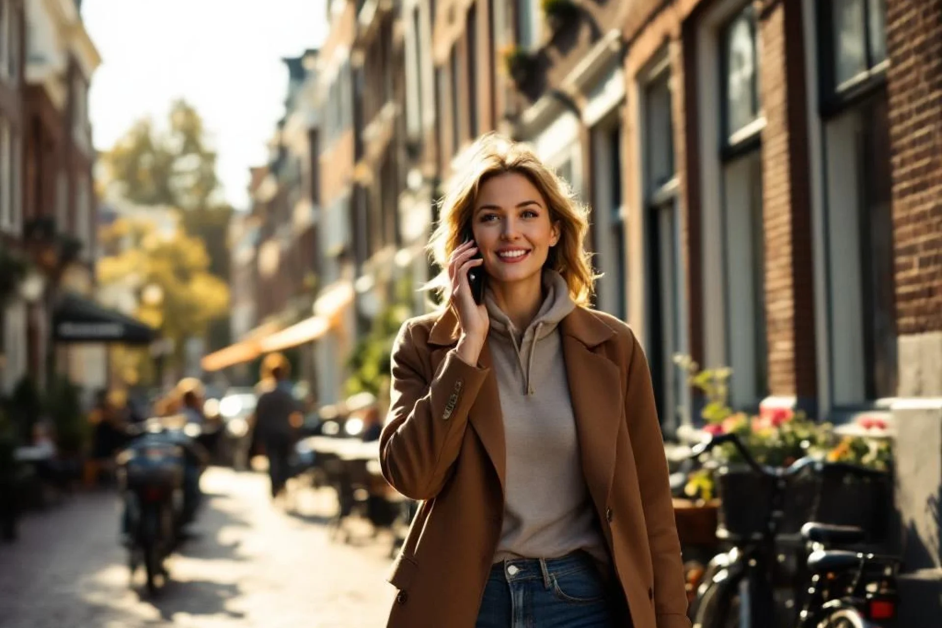 Professionele vrouw belt lopend door Amsterdamse straat met rode bakstenen gebouwen en geparkeerde fietsen