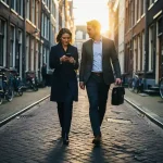 Jonge professionals lopen door smalle Amsterdamse straat met kinderkopjes, vrouw kijkt op smartphone tussen traditionele bakstenen gebouwen en geparkeerde fietsen