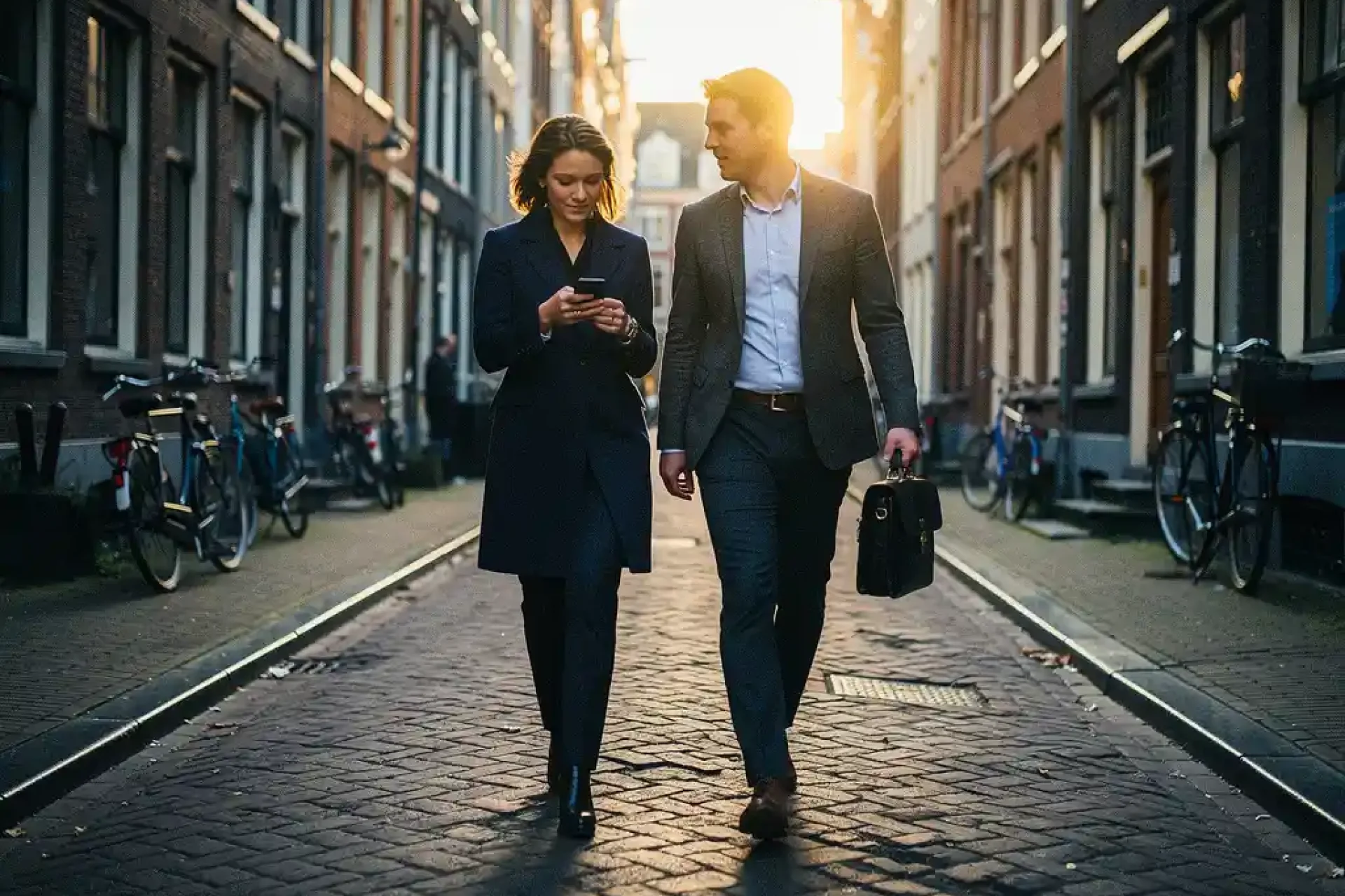 Jonge professionals lopen door smalle Amsterdamse straat met kinderkopjes, vrouw kijkt op smartphone tussen traditionele bakstenen gebouwen en geparkeerde fietsen