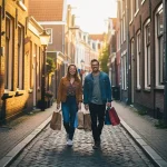 Twee mensen wandelen ontspannen door smalle Amsterdamse straat met kinderkopjes, draagend boodschappentassen in warm gouden avondlicht.
