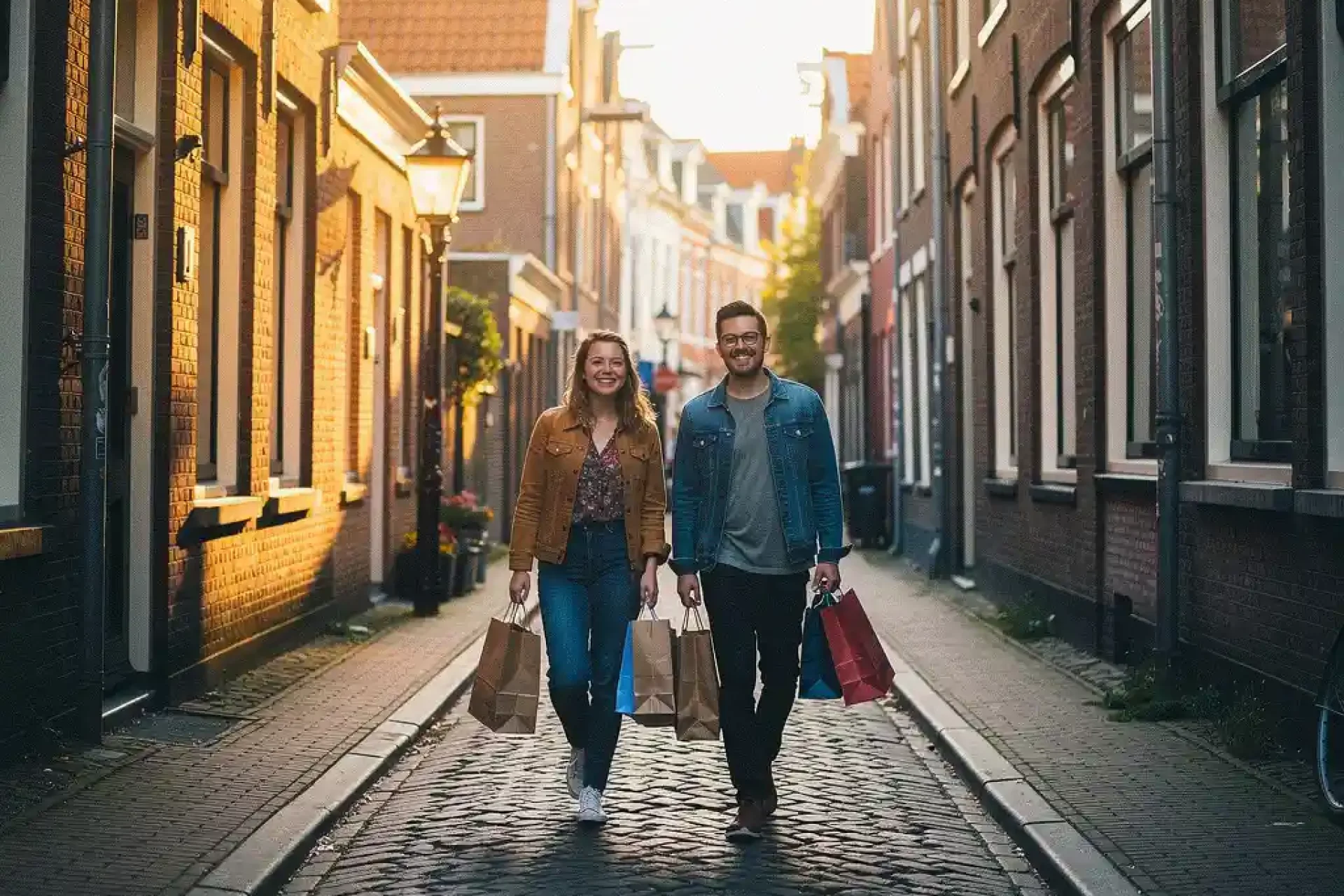 Twee mensen wandelen ontspannen door smalle Amsterdamse straat met kinderkopjes, draagend boodschappentassen in warm gouden avondlicht.