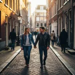 Stel loopt hand in hand door smalle Amsterdamse steeg met kasseien, warme middagzon filtert tussen hoge gebouwen