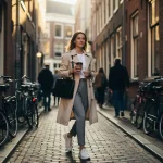 Jonge professionele vrouw loopt door smalle Amsterdamse steeg met laptoptas en koffie tussen geparkeerde fietsen