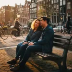 Twee mensen zitten dicht bij elkaar op een smalle bank aan een drukke Amsterdamse straathoek met traditionele Nederlandse architectuur