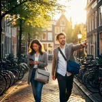 Jonge professionals lopen door smalle Amsterdamse straat met kasseien, vrouw kijkt op smartphone terwijl man vooruit wijst tussen geparkeerde fietsen en historische grachtenpanden