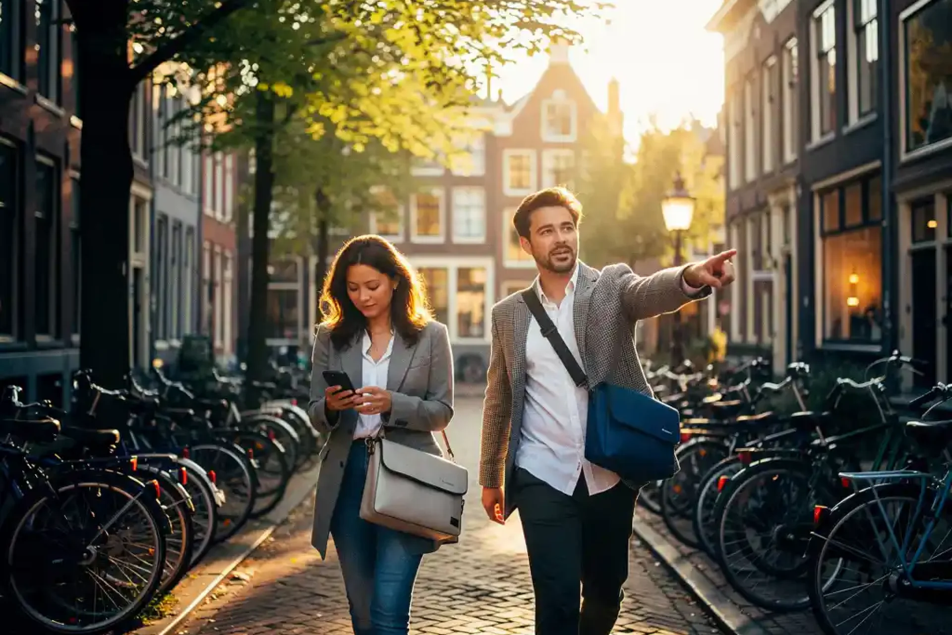 Jonge professionals lopen door smalle Amsterdamse straat met kasseien, vrouw kijkt op smartphone terwijl man vooruit wijst tussen geparkeerde fietsen en historische grachtenpanden