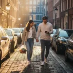 Jong stel wandelt hand in hand door smalle Amsterdamse straat met kinderkopjes, gouden zonlicht filtert tussen hoge gebouwen.