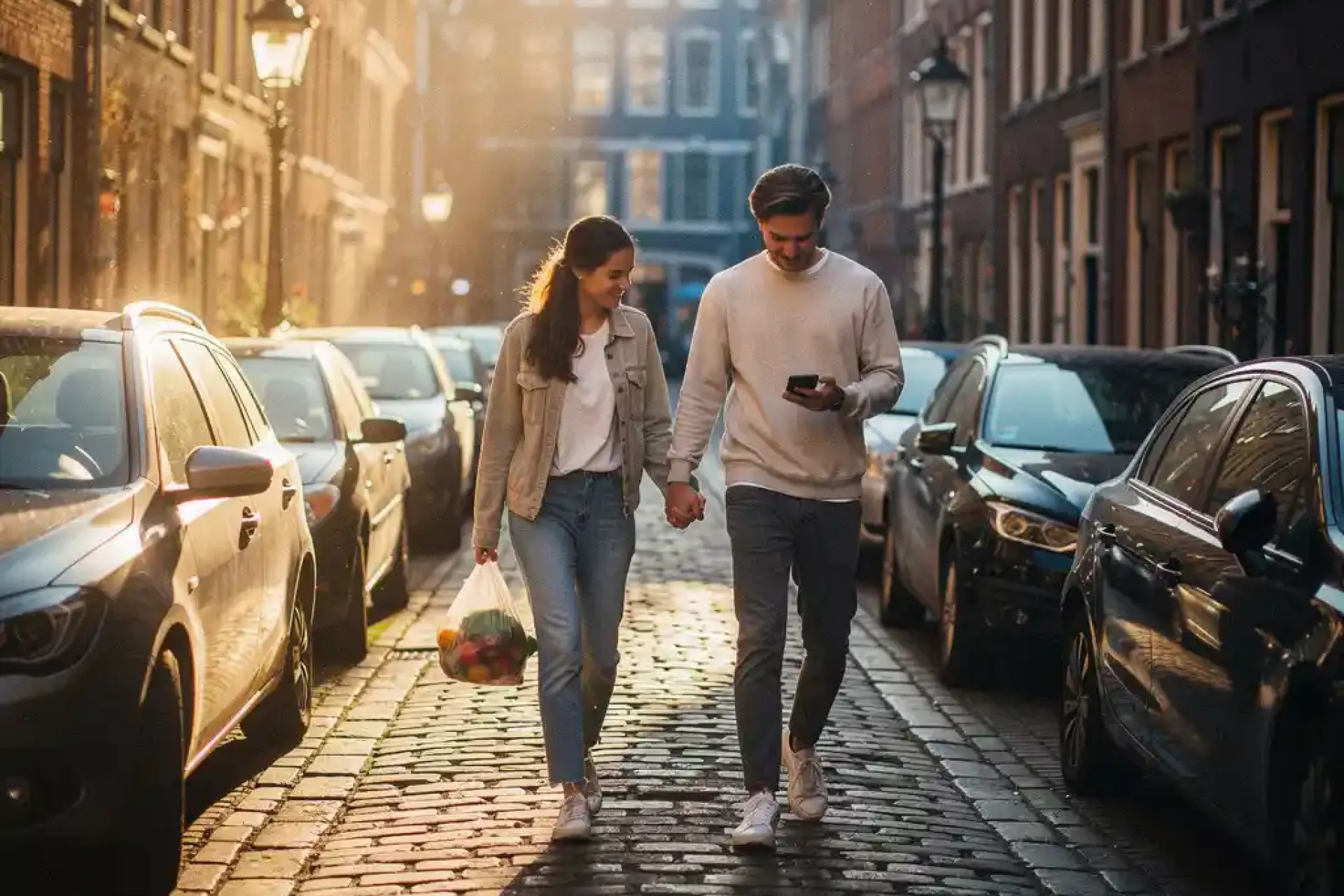 Jong stel wandelt hand in hand door smalle Amsterdamse straat met kinderkopjes, gouden zonlicht filtert tussen hoge gebouwen.