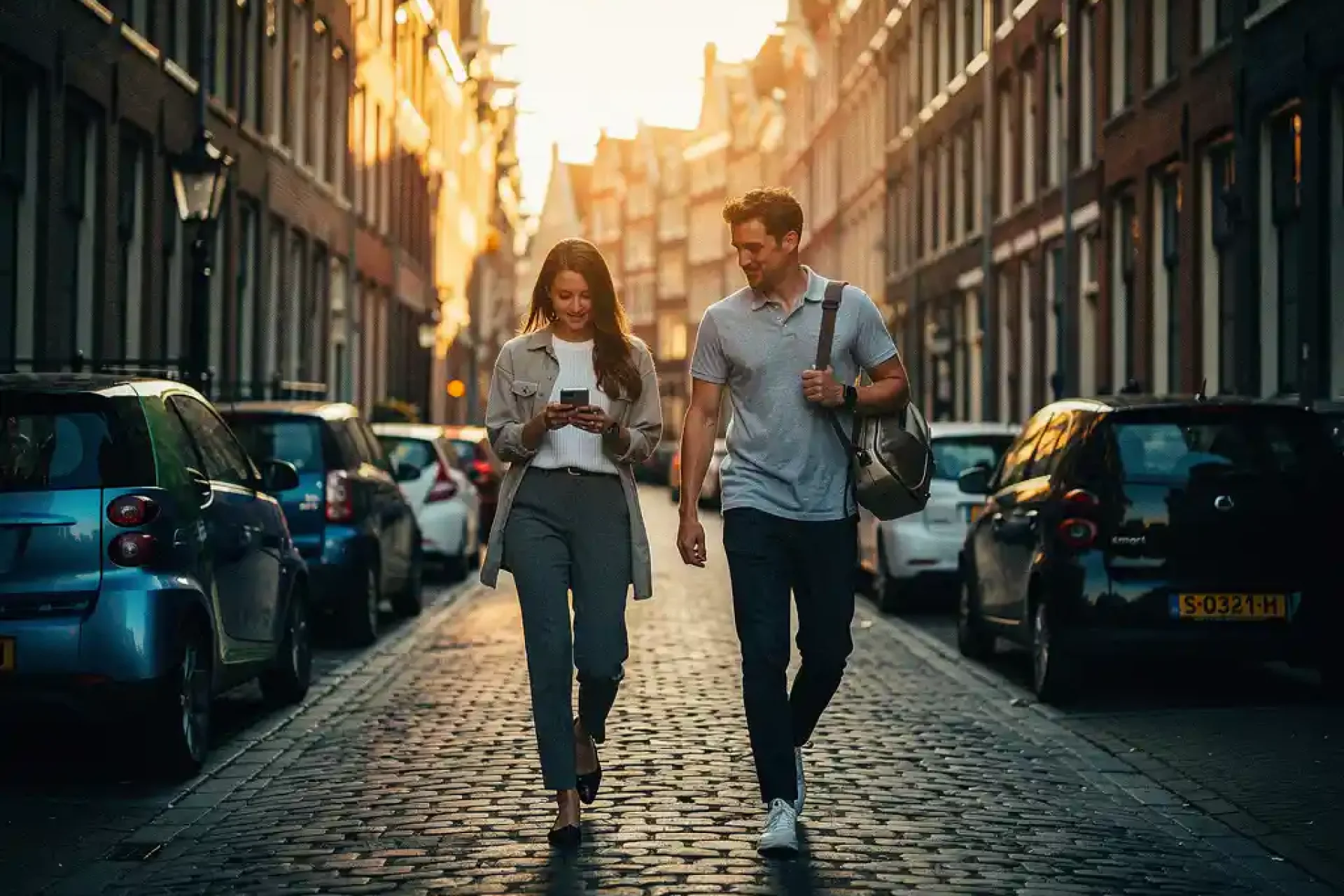 Jong professioneel koppel loopt door smalle Amsterdamse straat met kinderkopjes tijdens gouden uur