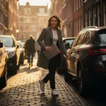 Jonge zakenvrouw loopt snel door smalle Amsterdamse straat tussen geparkeerde auto's met laptoptas in gouden uurtje.