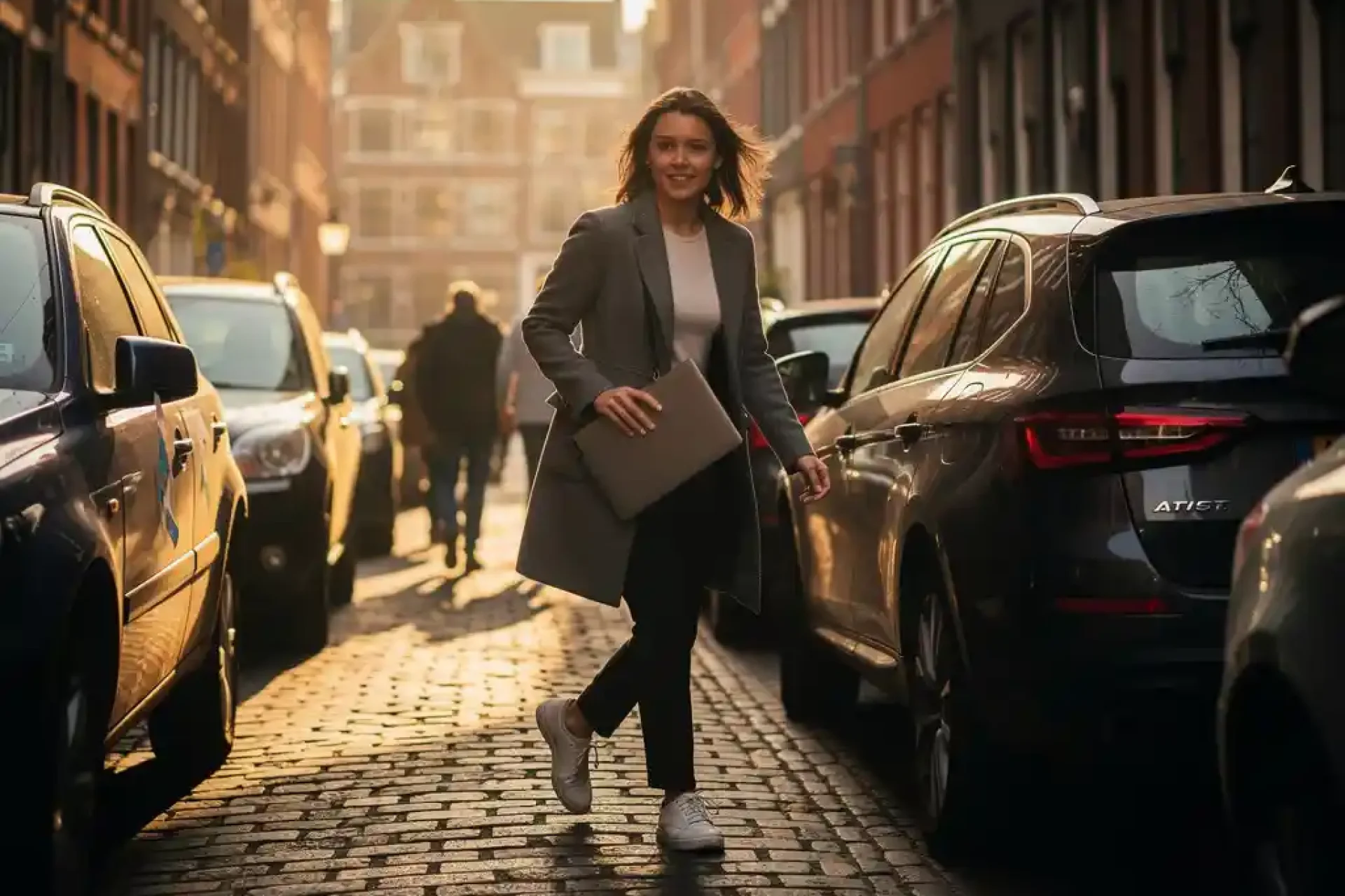 Jonge zakenvrouw loopt snel door smalle Amsterdamse straat tussen geparkeerde auto's met laptoptas in gouden uurtje.