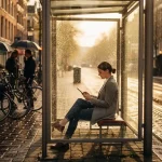Vrouw leest tablet in glazen tramhalte tijdens regen, fietsers met paraplu's wachten op Amsterdamse straat met gouden uurtje licht