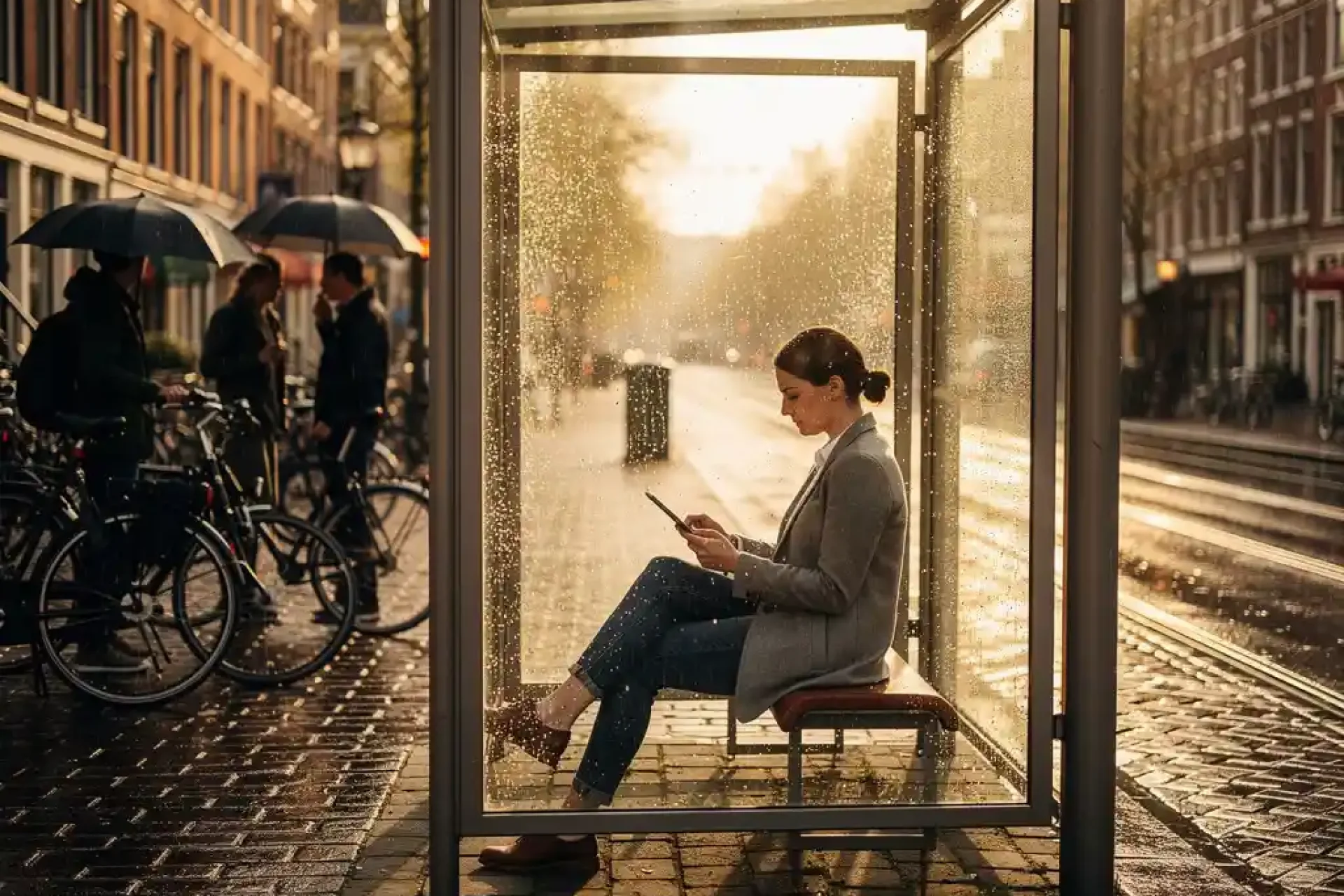 Vrouw leest tablet in glazen tramhalte tijdens regen, fietsers met paraplu's wachten op Amsterdamse straat met gouden uurtje licht