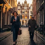 Jonge vrouw met aktetas en smartphone loopt door smalle Amsterdamse straat met kasseien, oudere man met wandelstok nabij, gouden uurtje verlichting
