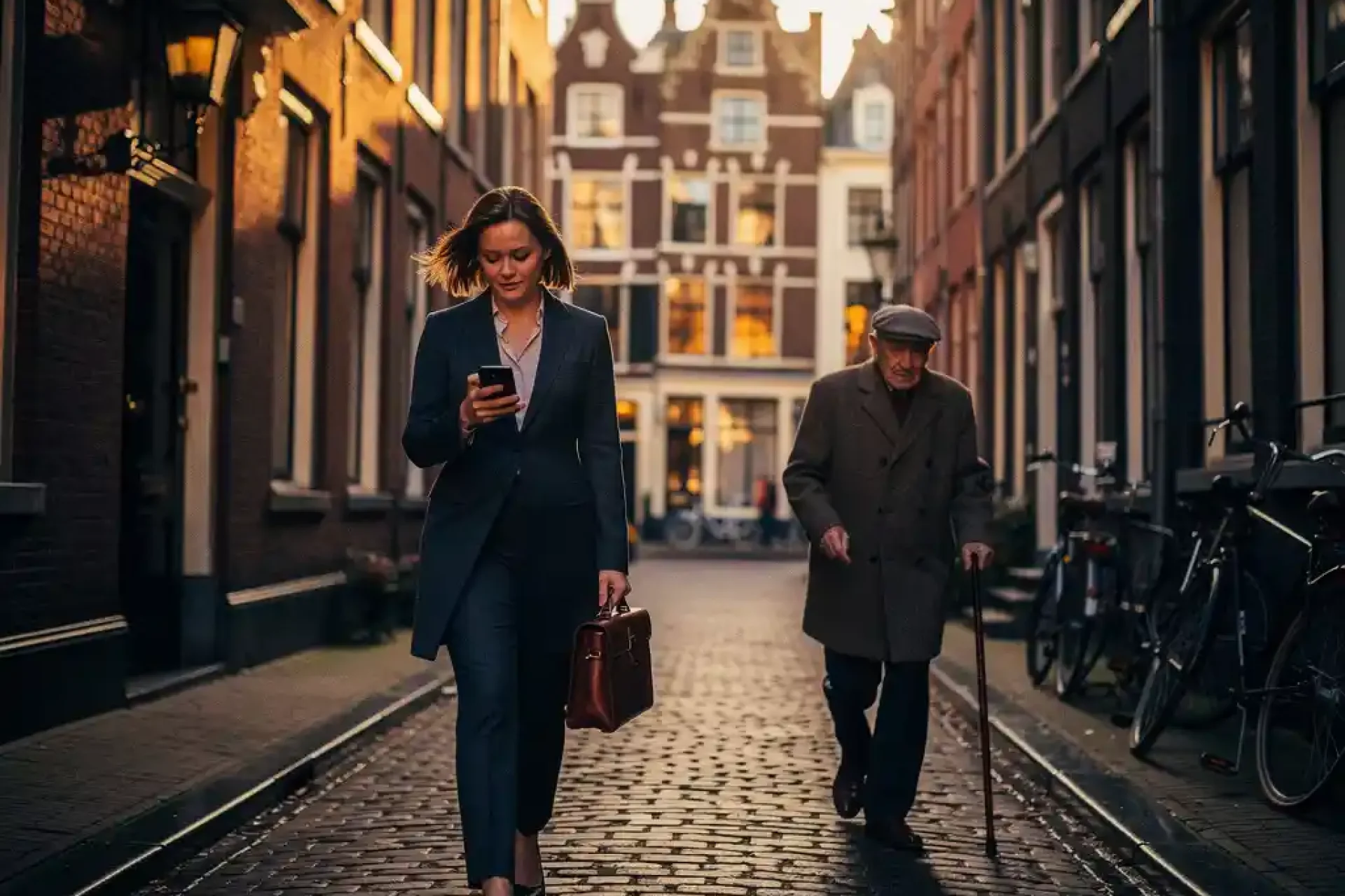 Jonge vrouw met aktetas en smartphone loopt door smalle Amsterdamse straat met kasseien, oudere man met wandelstok nabij, gouden uurtje verlichting
