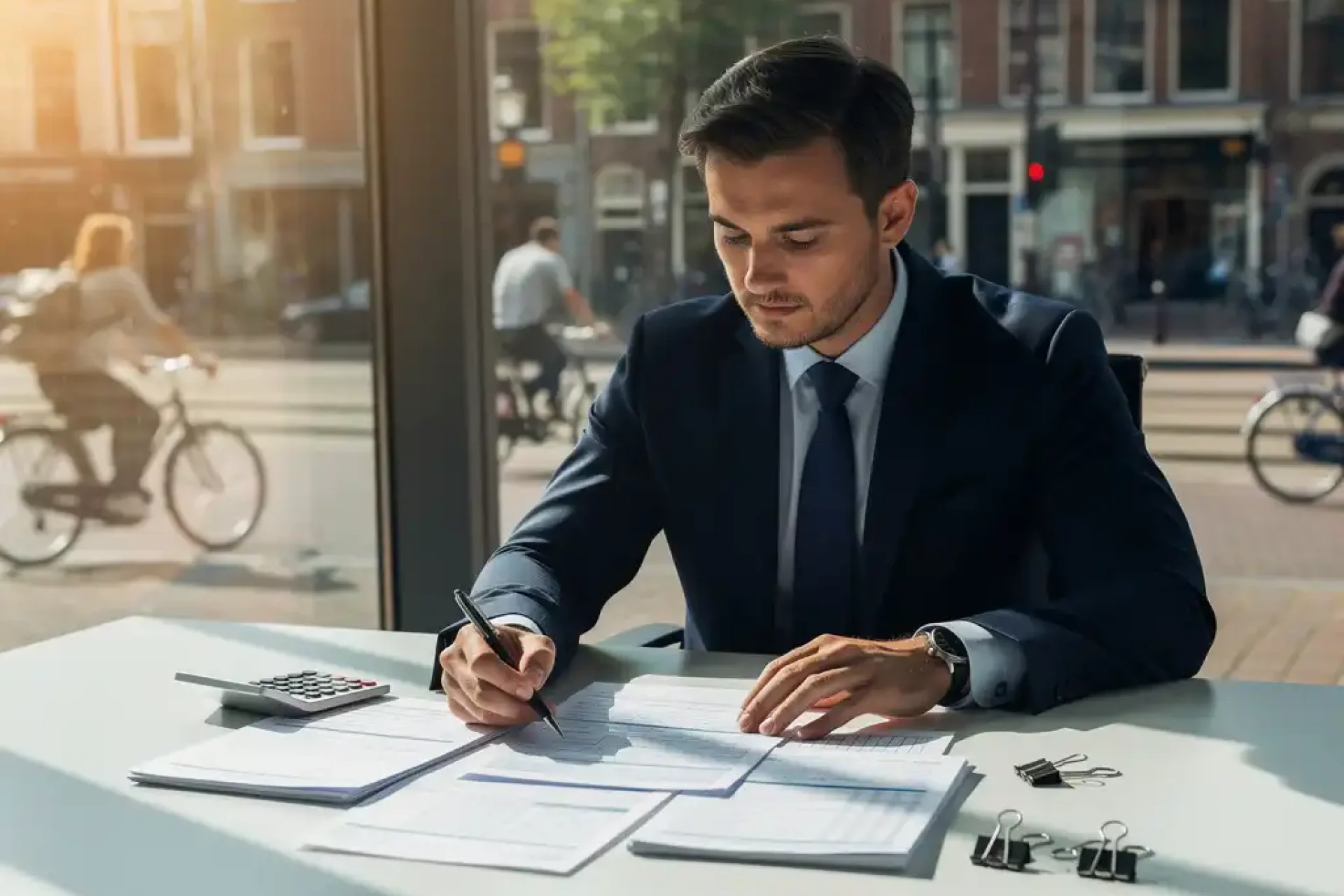 Zakelijke professional in pak bekijkt belastingformulieren en financiële documenten aan modern kantoorbureau met rekenmachine
