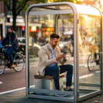 Jonge professional leest smartphone met brandstofkosten in glazen pod op drukke Amsterdamse straat tijdens gouden uur