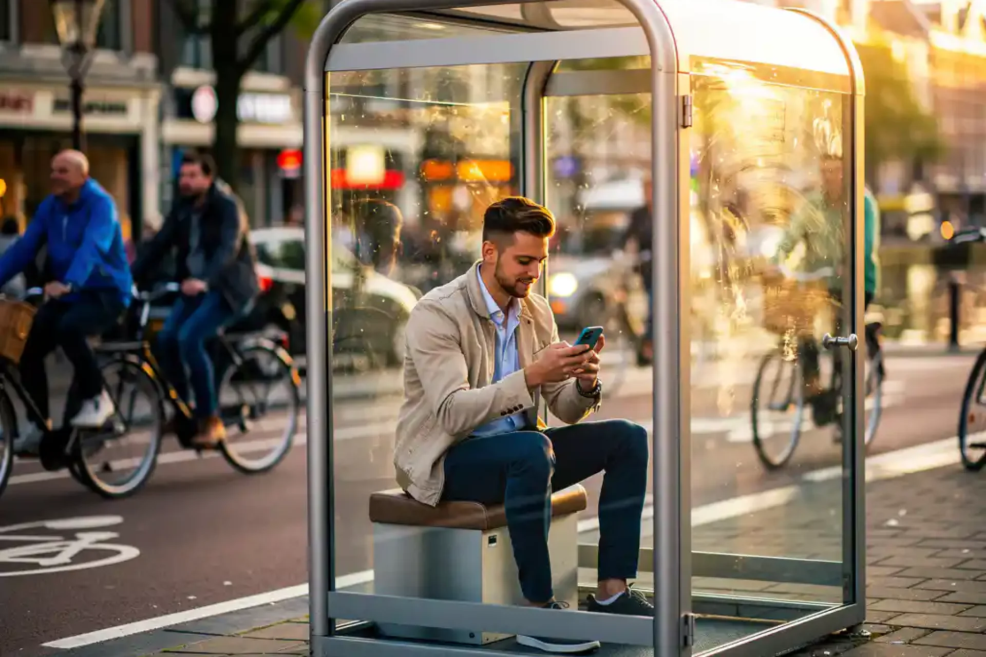 Jonge professional leest smartphone met brandstofkosten in glazen pod op drukke Amsterdamse straat tijdens gouden uur