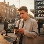 Jonge professional controleert brandstofprijzen op smartphone bij druk Amsterdams kruispunt met dure tankstation displays op achtergrond