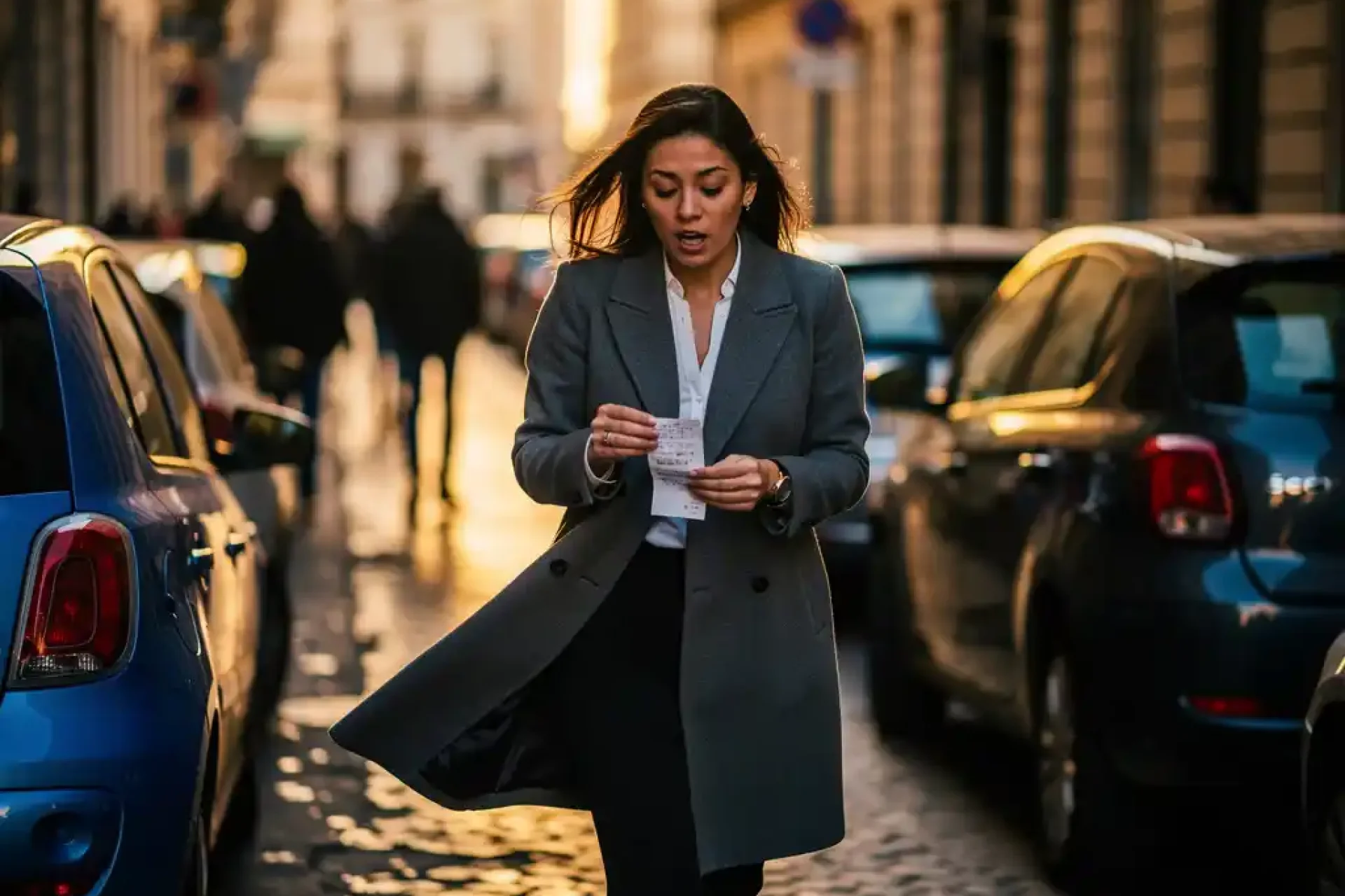 Jonge vrouw loopt geschokt met brandstofbon door smalle Europese straat met gouden avondlicht op kasseien