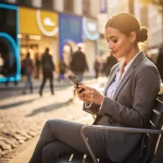 Jonge professionele vrouw gebruikt rekenmachine-app op smartphone zittend op moderne stadsbank met voorbijgangers en kleurrijke winkels op achtergrond
